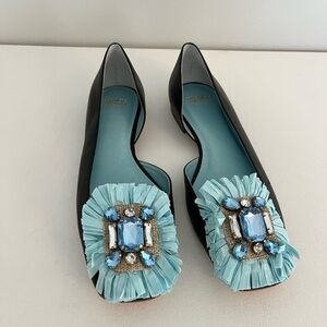 Frances Valentine Jude Black Leather Flats with Blue and Clear Crystal